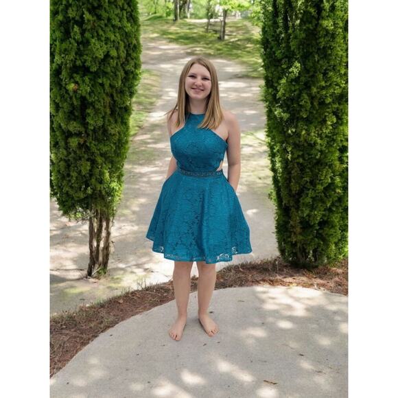 NWT Women's Fun Cutout Short Cocktail Dress in Teal - Picture 1 of 11